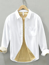 Men’s white plus size button-up long sleeve cotton shirt with chest pocket and contrasting light interior, available in sizes Medium through 3XL.