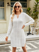 White notched neck cable-knit long sleeve sweater dress with side slit for women
