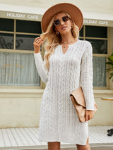 White notched neck cable-knit long sleeve sweater dress with side slit for women