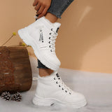 Women’s fleece-lined lace-up combat boots with chunky rubber sole and side detail, available in khaki, black and white.