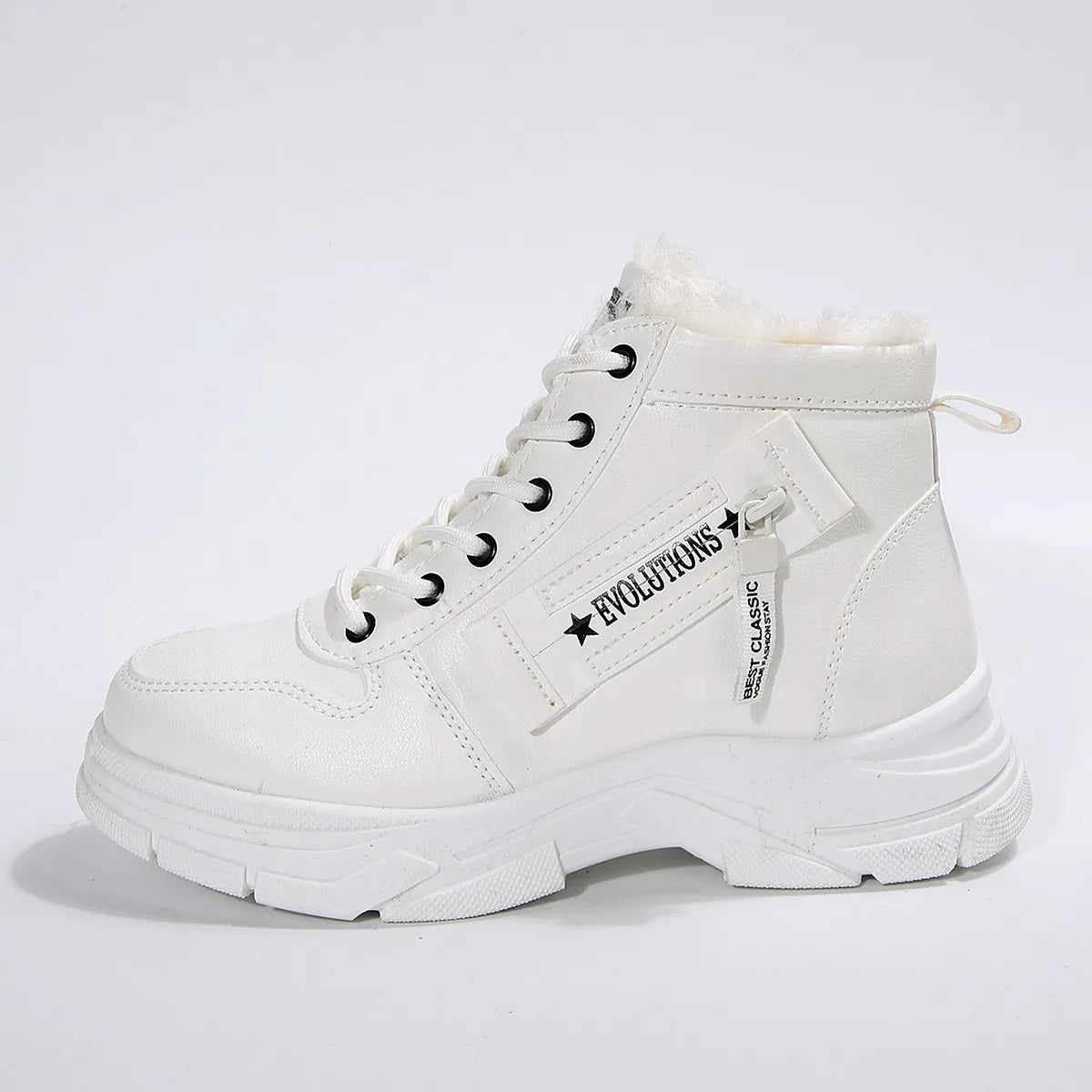 Women’s fleece-lined lace-up combat boots with chunky rubber sole and side detail, available in khaki, black and white.