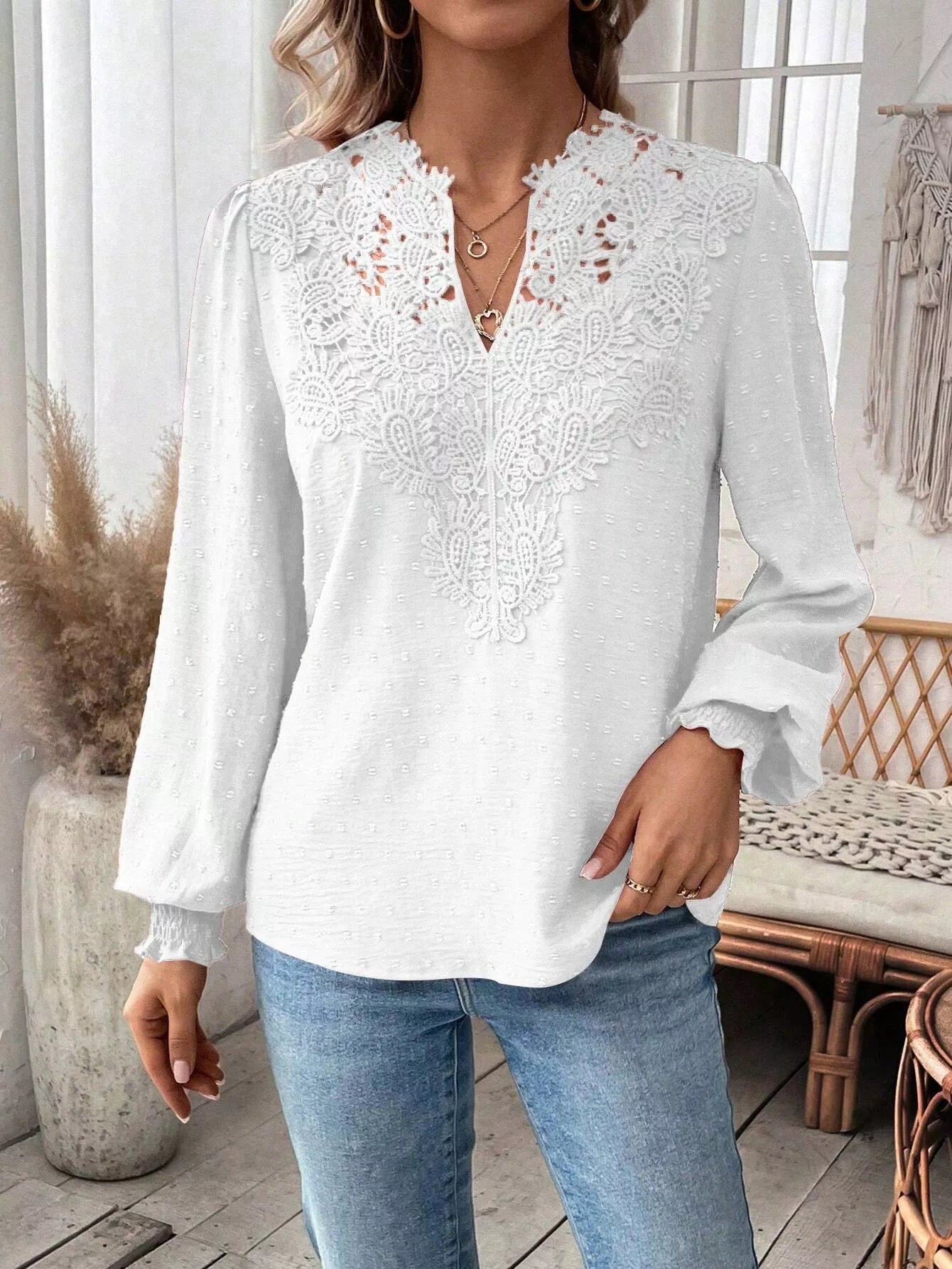 Women’s Swiss Dot Lace Detail Long Sleeve Blouse in white with V-neck lace detailing and long sleeves, available in sizes S–2XL.