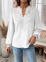 Women’s Swiss Dot Lace Detail Long Sleeve Blouse in white with V-neck lace detailing and long sleeves, available in sizes S–2XL.