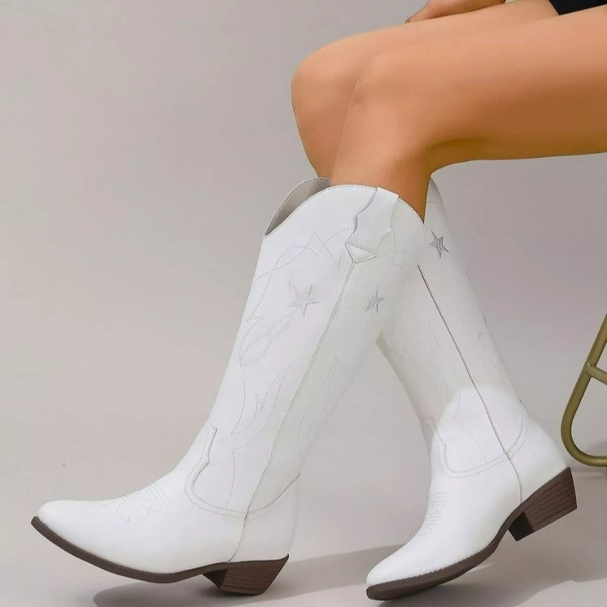 Women's Western Star Embroidered Cowboy Boots with low heel and embroidered star detailing, available in multiple colors for fall outfits, country concerts, dresses, and denim.