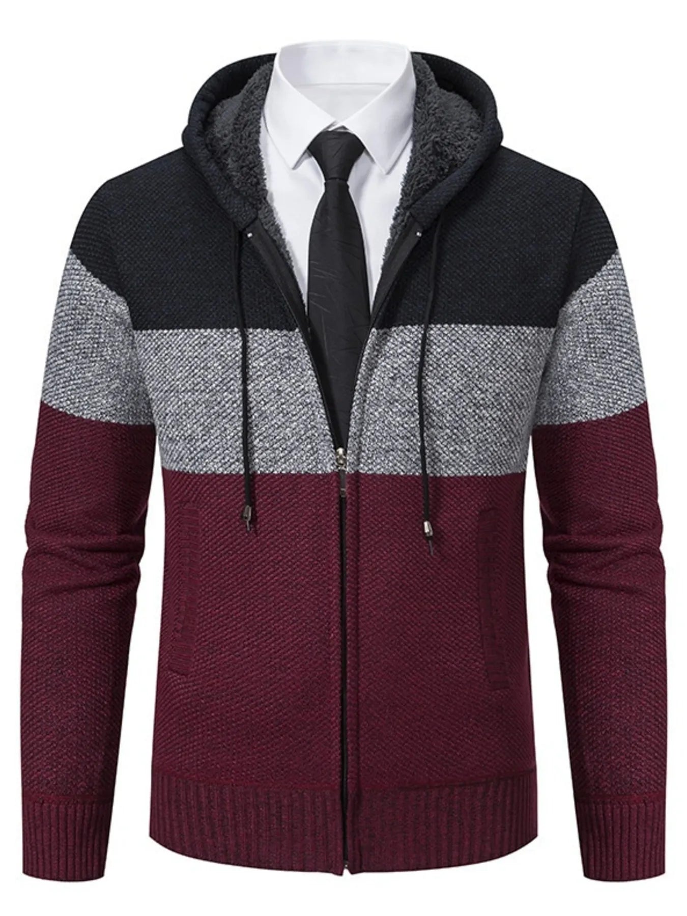 Men’s plus size wine red, gray and black color block hooded zip-up cable-knit cardigan