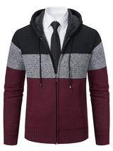 Men’s plus size wine red, gray and black color block hooded zip-up cable-knit cardigan