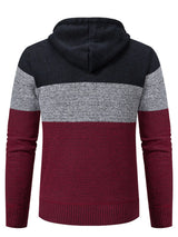 Men’s plus size wine red, gray and black color block hooded zip-up cable-knit cardigan