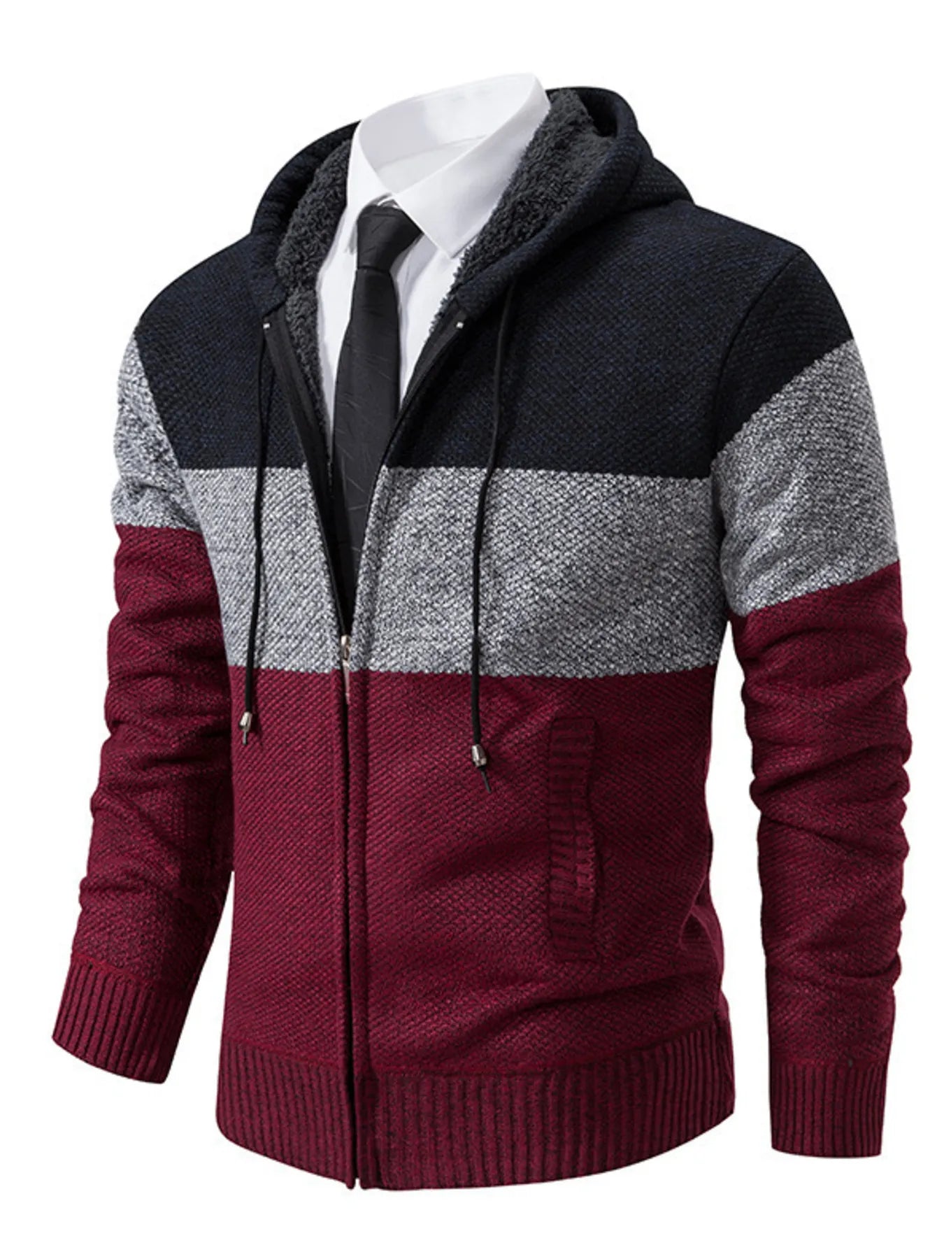 Men’s plus size wine red, gray and black color block hooded zip-up cable-knit cardigan