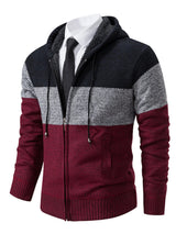 Men’s plus size wine red, gray and black color block hooded zip-up cable-knit cardigan