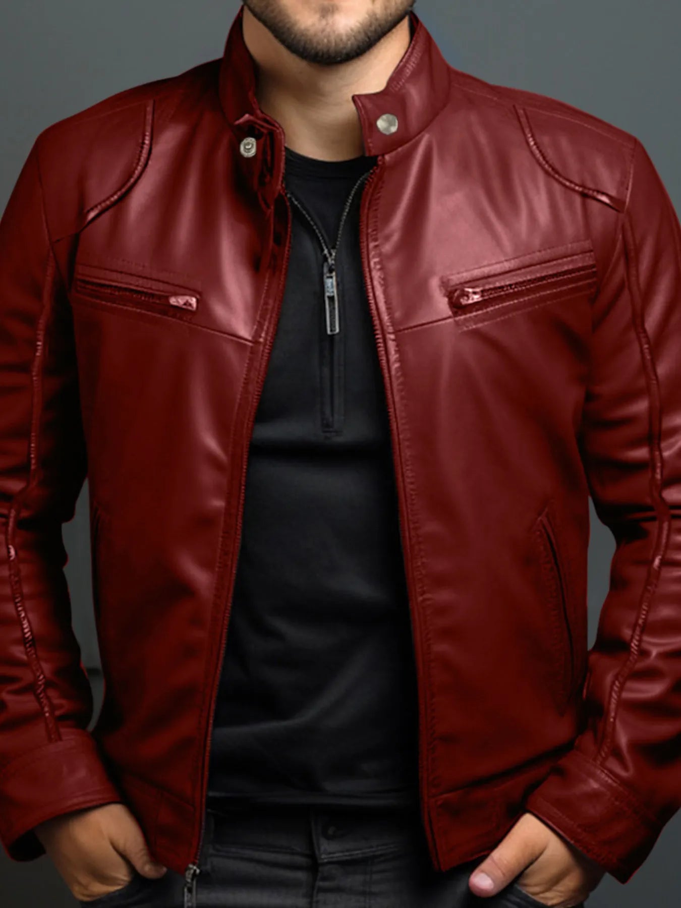 Men’s wine red PU leather motorcycle jacket with zipper front, stand collar and zippered chest pockets, available in sizes Small–5XL.