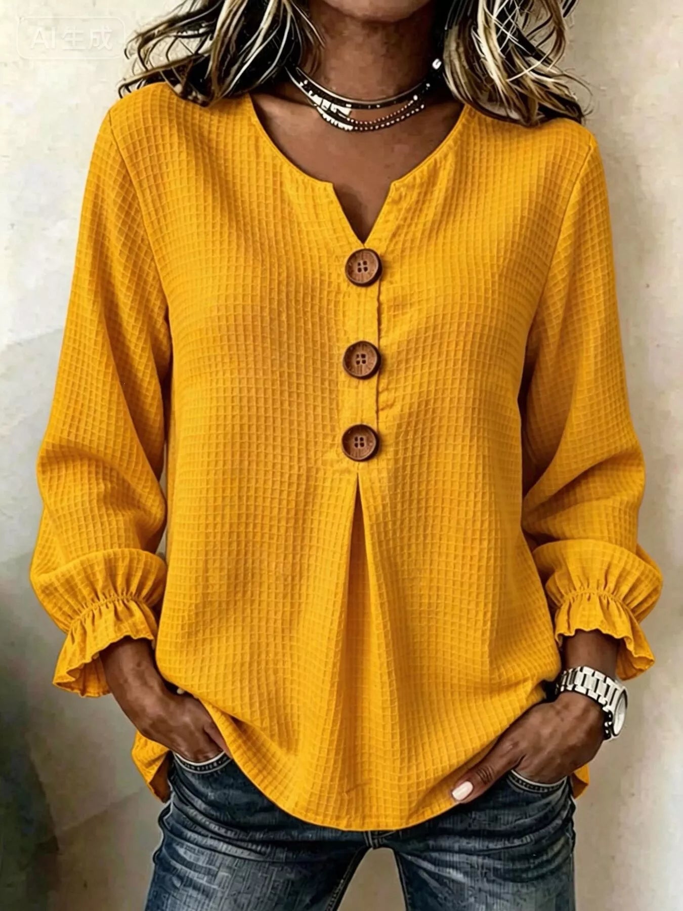 Women’s yellow waffle knit flounce sleeve top with button front detail and ruffled cuffs.
